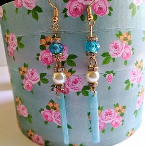Earrings Blue Crystal Faux Pearl Goldtone 3½" L